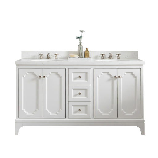 QU60QZ05PW - Queen 60 In. Double Sink Pre-Assembled Traditional Style Bathroom Vanity With 1-9/16" Carrara White Engineered Marble Top