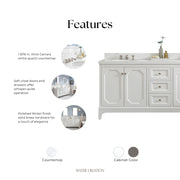 QU60QZ05PW - Queen 60 In. Double Sink Pre-Assembled Traditional Style Bathroom Vanity With 1-9/16" Carrara White Engineered Marble Top