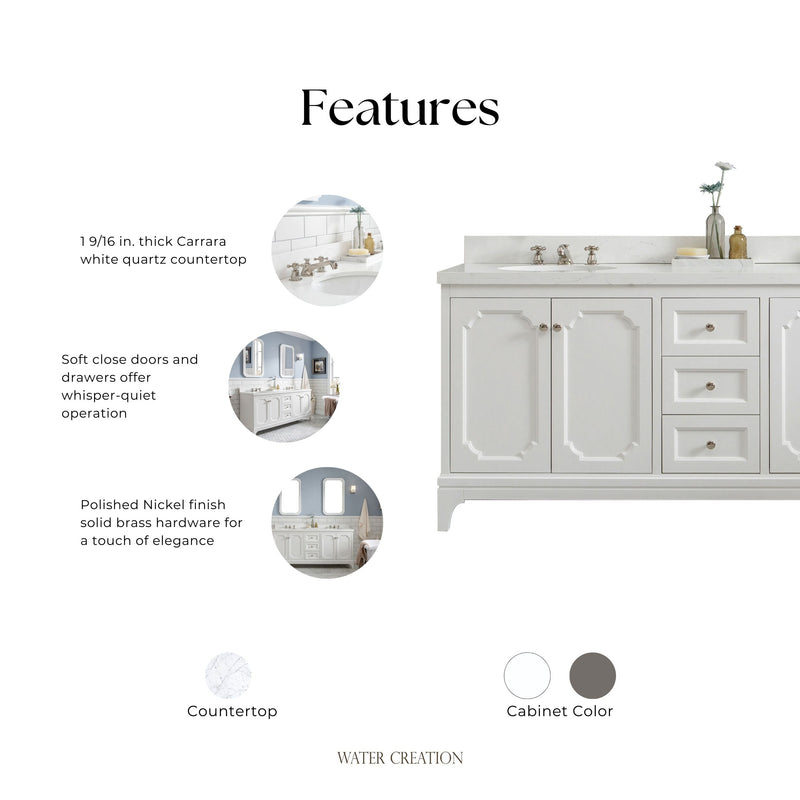 QU60QZ05PW - Queen 60 In. Double Sink Pre-Assembled Traditional Style Bathroom Vanity With 1-9/16" Carrara White Engineered Marble Top