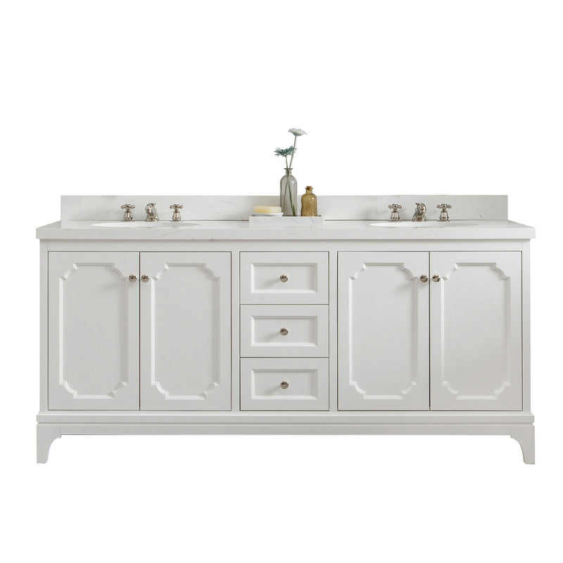 QU72QZ05PW - Queen 72 In. Double Sink Pre-Assembled Traditional Style Bathroom Vanity With 1-9/16" Carrara White Engineered Marble Top