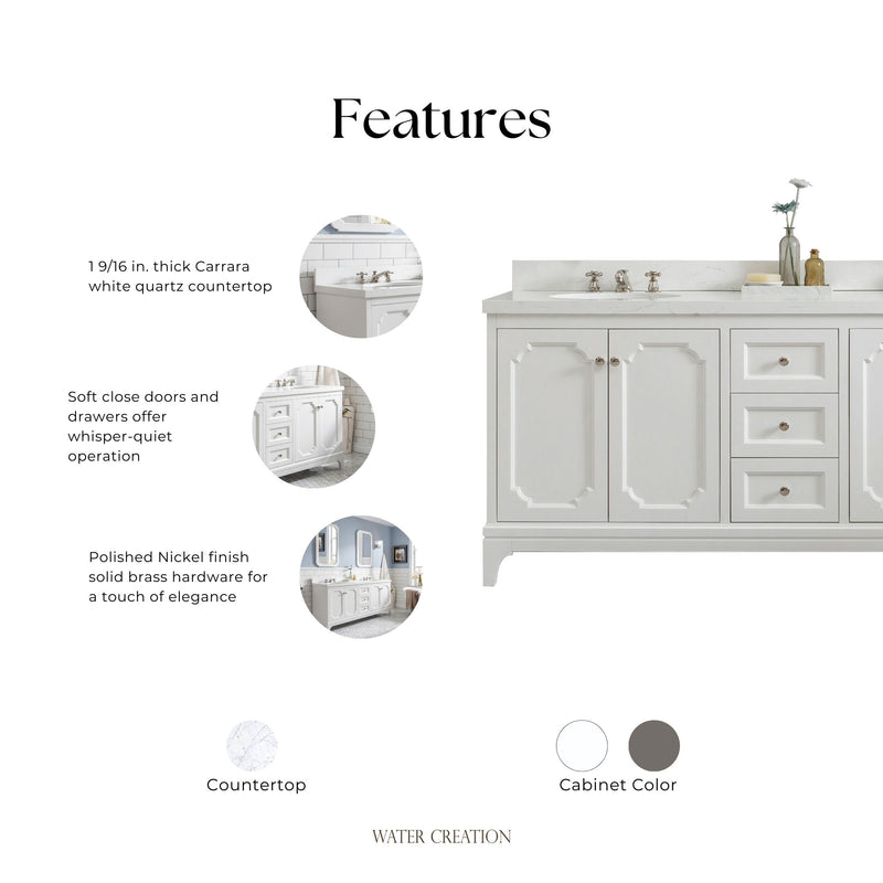 QU72QZ05PW - Queen 72 In. Double Sink Pre-Assembled Traditional Style Bathroom Vanity With 1-9/16" Carrara White Engineered Marble Top