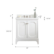 QU30QZ05PW - Queen 30 In. Single Sink Pre-Assembled Traditional Style Bathroom Vanity With 1-9/16" Carrara White Engineered Marble Top