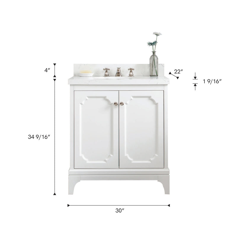 QU30QZ05PW - Queen 30 In. Single Sink Pre-Assembled Traditional Style Bathroom Vanity With 1-9/16" Carrara White Engineered Marble Top