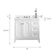 QU36QZ05PW - Queen 36 In. Single Sink Pre-Assembled Traditional Style Bathroom Vanity With 1-9/16" Carrara White Engineered Marble Top