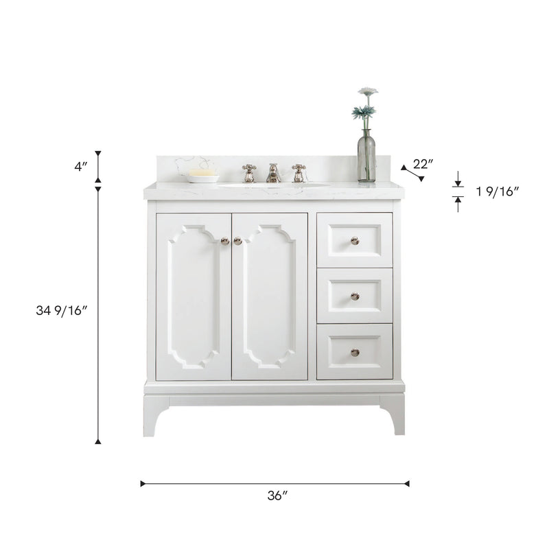 QU36QZ05PW - Queen 36 In. Single Sink Pre-Assembled Traditional Style Bathroom Vanity With 1-9/16" Carrara White Engineered Marble Top