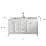 QU60QZ05PW - Queen 60 In. Double Sink Pre-Assembled Traditional Style Bathroom Vanity With 1-9/16" Carrara White Engineered Marble Top