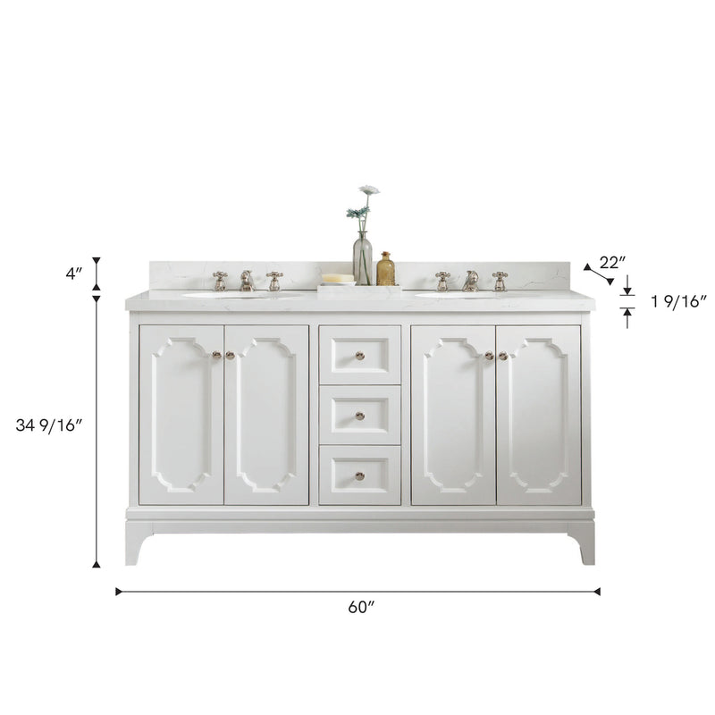QU60QZ05PW - Queen 60 In. Double Sink Pre-Assembled Traditional Style Bathroom Vanity With 1-9/16" Carrara White Engineered Marble Top