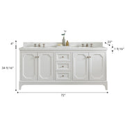 QU72QZ05PW - Queen 72 In. Double Sink Pre-Assembled Traditional Style Bathroom Vanity With 1-9/16" Carrara White Engineered Marble Top