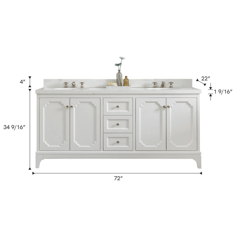 QU72QZ05PW - Queen 72 In. Double Sink Pre-Assembled Traditional Style Bathroom Vanity With 1-9/16" Carrara White Engineered Marble Top