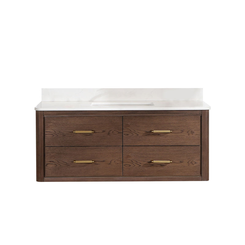 Vinnova 706648-AD-BK Cristo 48" Floating Single Bath Vanity in Aged Dark Brown Oak with Fish Maw White Quartz Stone Top