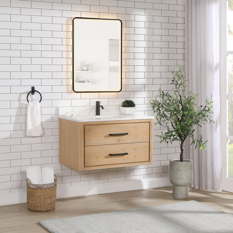 Vinnova 706636-FN-BK Cristo 36" Floating Single Bath Vanity in Fir Wood Brown with Fish Maw White Quartz Stone Top