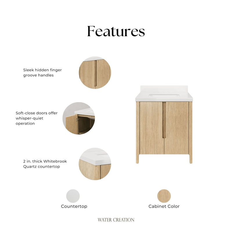 Water Creation SE30QZ - Sequoia 30 In. Single Sink Pre-Assembled Mid-Century Style Bathroom Vanity With 2" Whitebrook Engineered Marble Top