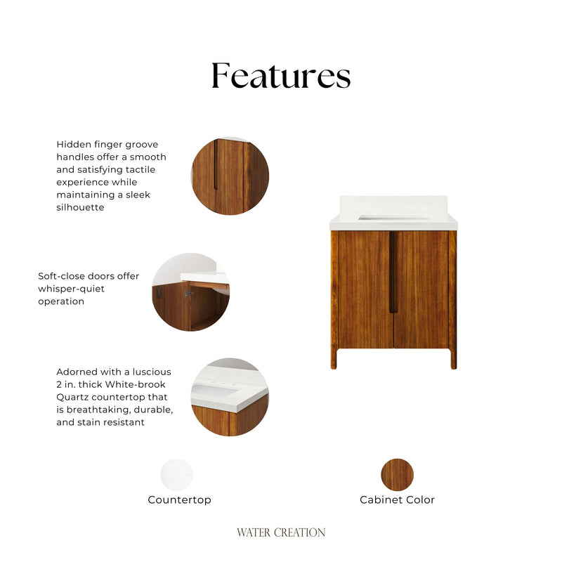 Water Creation SE30QZ - Sequoia 30 In. Single Sink Pre-Assembled Mid-Century Style Bathroom Vanity With 2" Whitebrook Engineered Marble Top