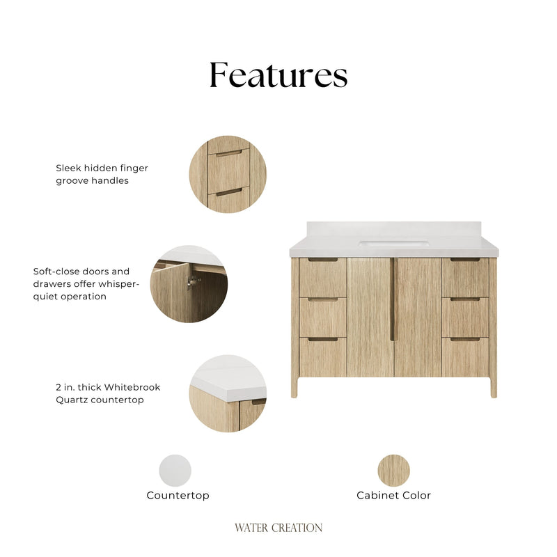 Water Creation SE48QZ - Sequoia 48 In. Single Sink Pre-Assembled Mid-Century Style Bathroom Vanity With 2" Whitebrook Engineered Marble Top