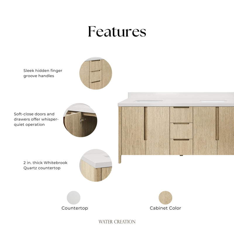 Water Creation SE72QZ - Sequoia 72 In. Double Sink Pre-Assembled Mid-Century Style Bathroom Vanity With 2" Whitebrook Engineered Marble Top
