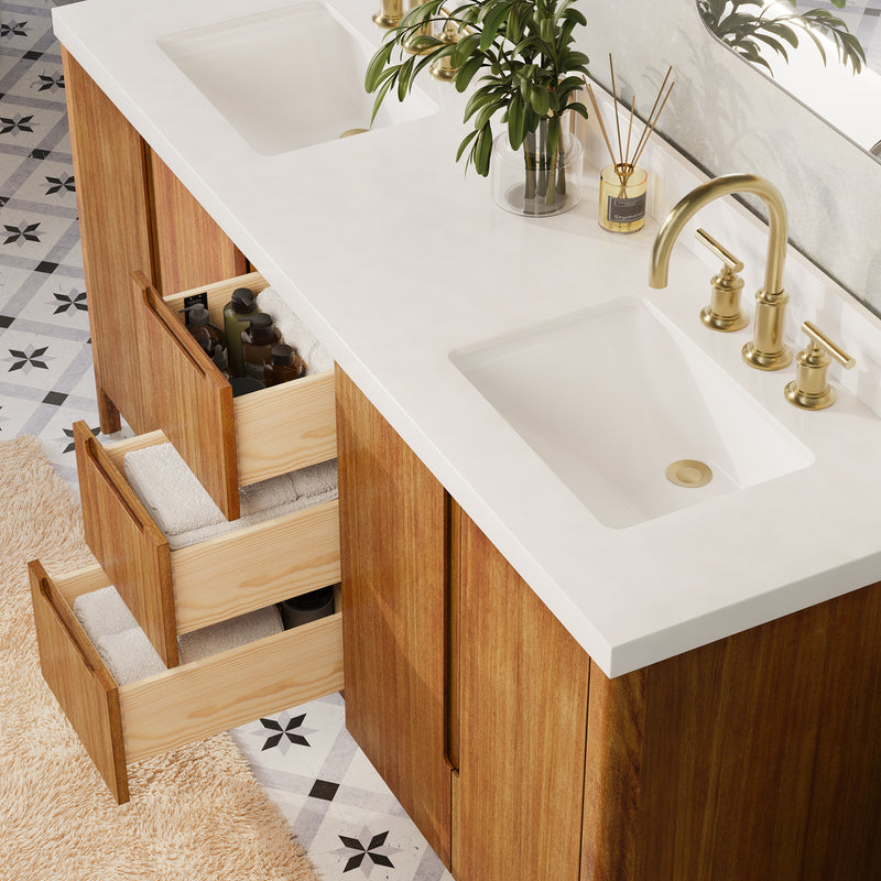 Water Creation SE72QZ - Sequoia 72 In. Double Sink Pre-Assembled Mid-Century Style Bathroom Vanity With 2" Whitebrook Engineered Marble Top
