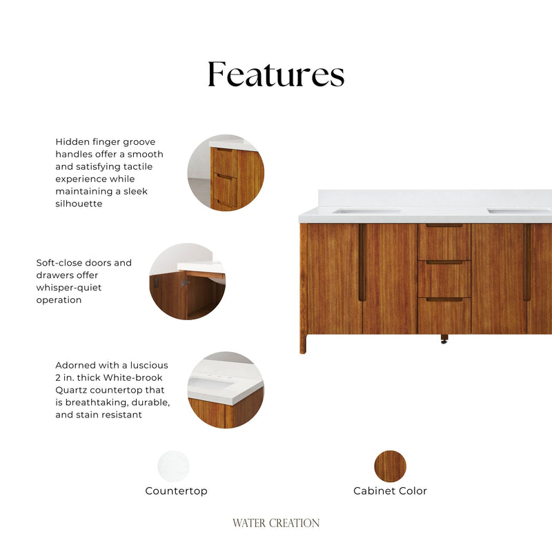 Water Creation SE72QZ - Sequoia 72 In. Double Sink Pre-Assembled Mid-Century Style Bathroom Vanity With 2" Whitebrook Engineered Marble Top