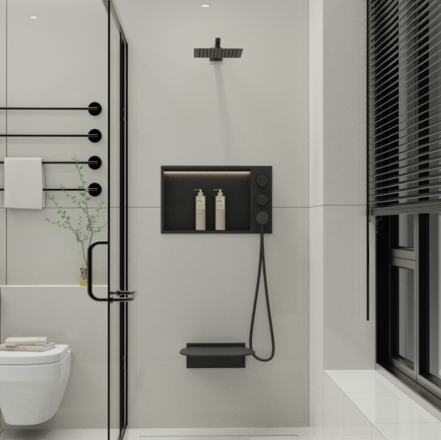 Space Efficient Shower Wall System with Integrated Shower and Storage Unit for Residential and Commercial Bathroom Upgrades
