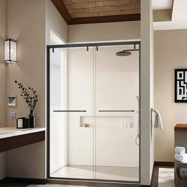 Tempered Glass Shower Door With Black Stainless Steel Frame Double Sliding Hardware Hinges Set for Bathroom Enclosure