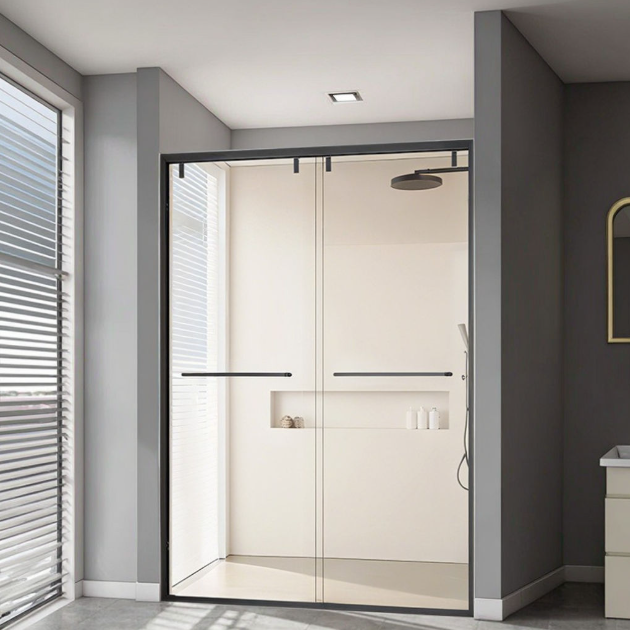 Tempered Glass Shower Door With Black Stainless Steel Frame Double Sliding Hardware Hinges Set for Bathroom Enclosure