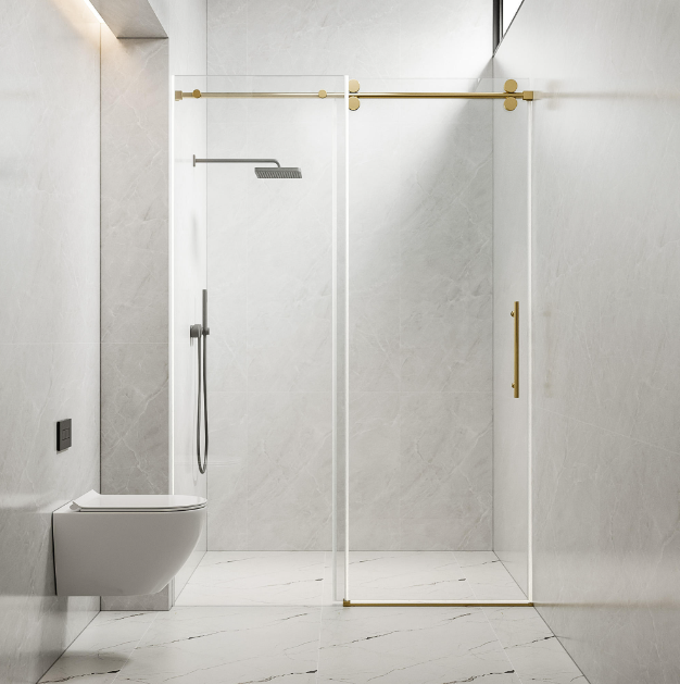 Tempered Glass Shower Door With Golden Stainless Steel Frameless Sliding Hardware Bathroom Enclosure