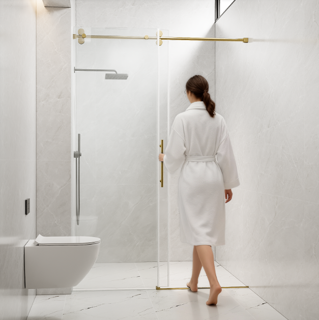 Tempered Glass Shower Door With Golden Stainless Steel Frameless Sliding Hardware Bathroom Enclosure