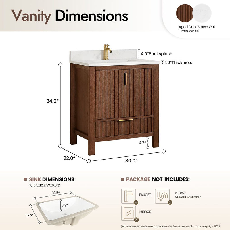 Vinnova 704230-AD-GW Shenzhen 30" Single Sink Bath Vanity in Aged Dark Brown Oak