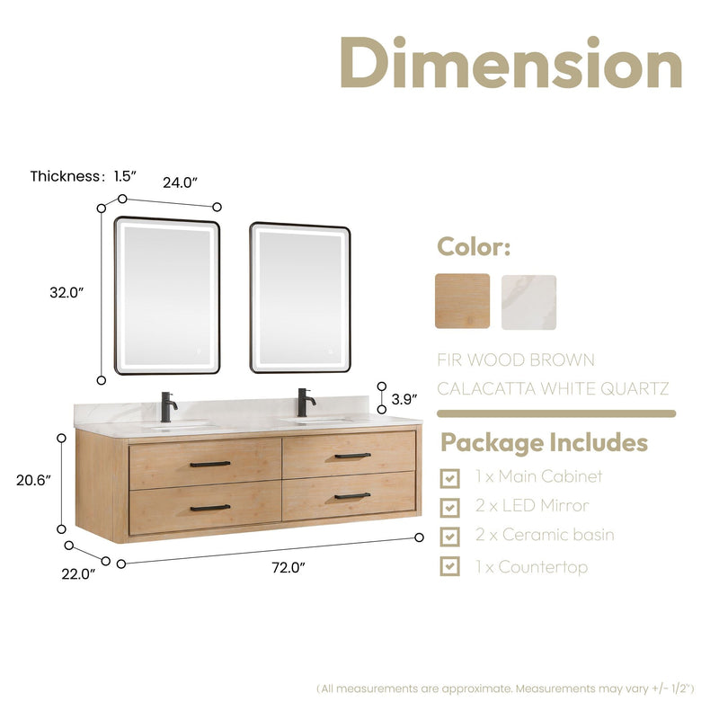 Vinnova 706672-FN-BK Cristo 72" Floating Double Bath Vanity in Fir Wood Brown with Fish Maw White Quartz Stone Top