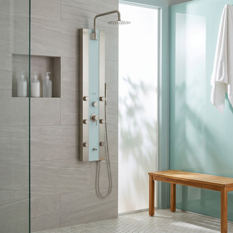 PULSE ShowerSpas 1039W-BN-1.8GPM Tropicana 10-in Rain Showerhead ShowerSpa with Pivoting Shower Arm, 6-Body Jets and Handshower in Seafoam Glass and Brushed Nickel, 1.8 GPM - view 6