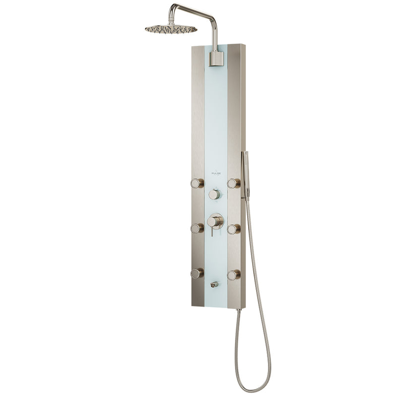 PULSE ShowerSpas 1039W-BN-1.8GPM Tropicana 10-in Rain Showerhead ShowerSpa with Pivoting Shower Arm, 6-Body Jets and Handshower in Seafoam Glass and Brushed Nickel, 1.8 GPM