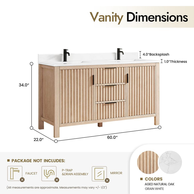 Vinnova 704260M-AN-GW Shenzhen 60M" Double Sink Bath Vanity in Aged Natural Oak