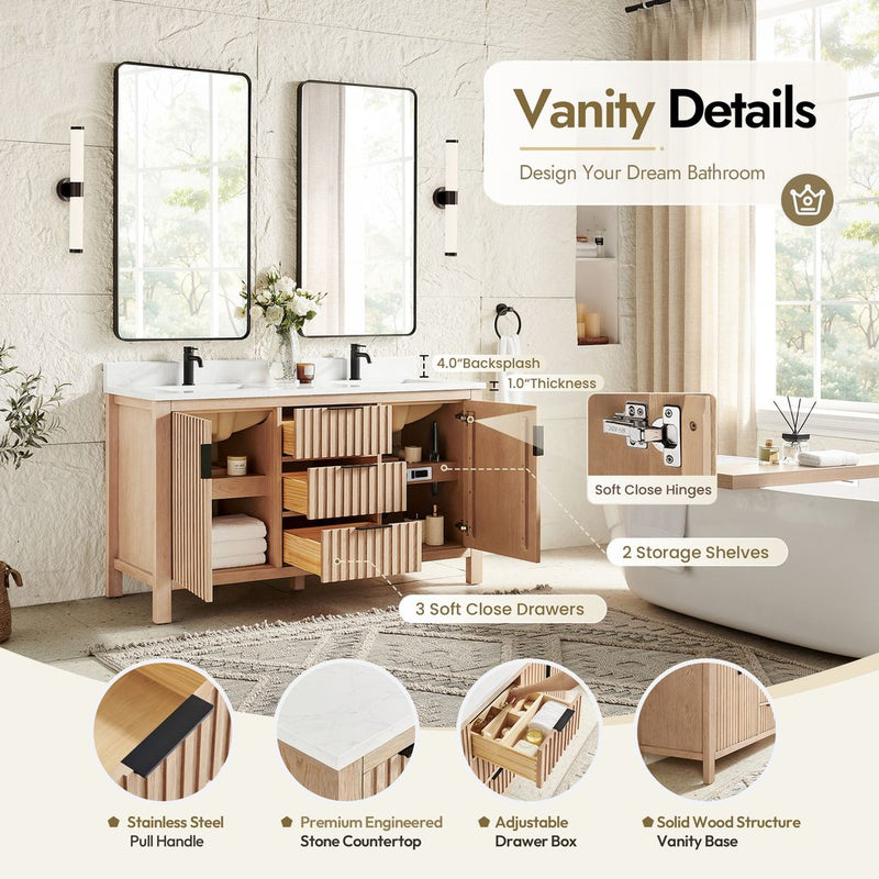 Vinnova 704260M-AN-GW Shenzhen 60M" Double Sink Bath Vanity in Aged Natural Oak
