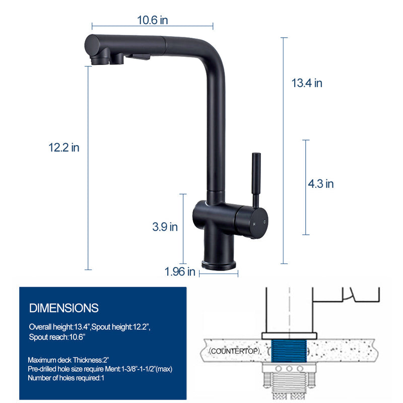 Vinnova VL-LJ3370B ALPHAUCET Single Handle Pull-Out Sprayer Kitchen Faucet in Matte Black