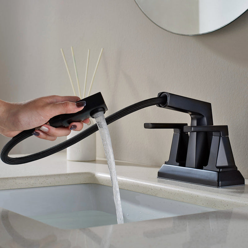 Vinnova VL-LJ3408B ALPHAUCET Centerset Two-Handle Pull-Out Sprayer Bathroom Faucet in Matte Black