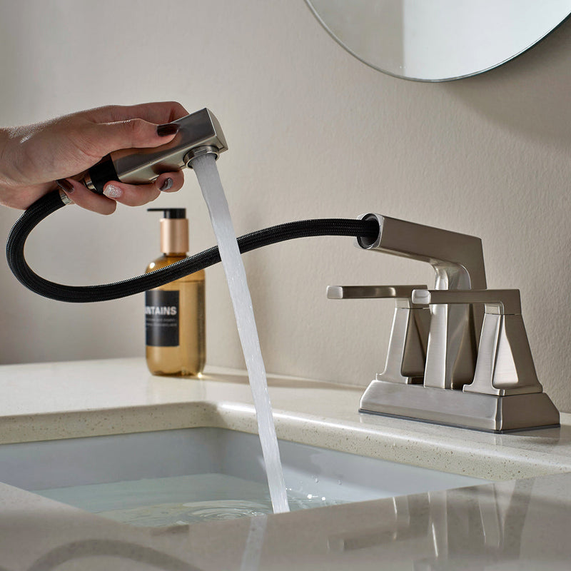 Vinnova VL-LJ3408C ALPHAUCET Centerset Two-Handle Pull-Out Sprayer Bathroom Faucet in Brushed Nickel