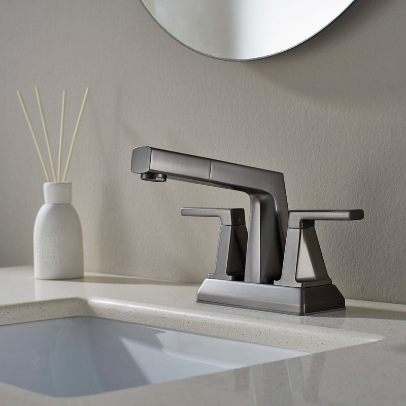Vinnova VL-LJ3408GG ALPHAUCET Centerset Two-Handle Pull-Out Sprayer Bathroom Faucet in Gun Gray