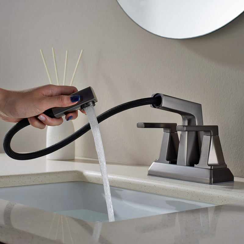 Vinnova VL-LJ3408GG ALPHAUCET Centerset Two-Handle Pull-Out Sprayer Bathroom Faucet in Gun Gray