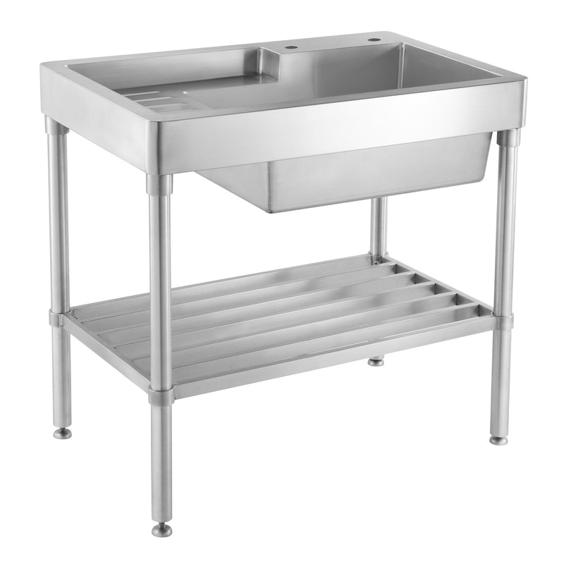 Whitehaus WH33209-LEG-NP Pearlhaus 33" Single Bowl 16 Gauge Freestanding Utility Sink with Drainboard and Lower Rack - Brushed Stainless Steel