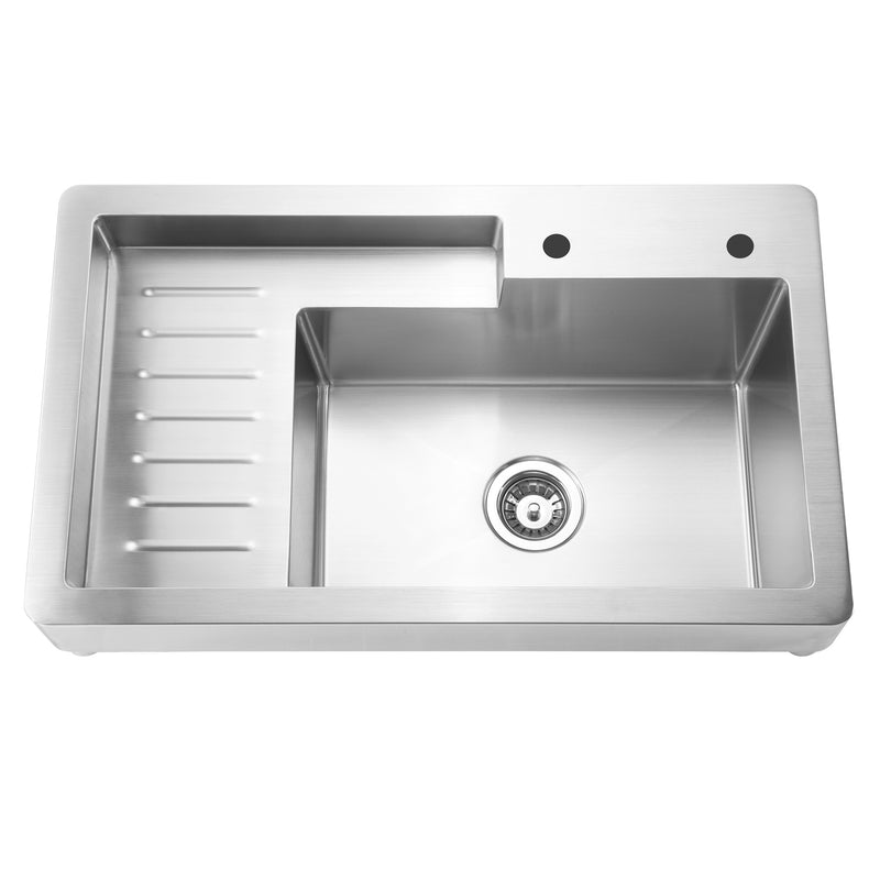 Whitehaus WH33209-NP Pearlhaus 33" Single Bowl 16 Gauge Drop-In Utility Sink with Drainboard - Brushed Stainless Steel