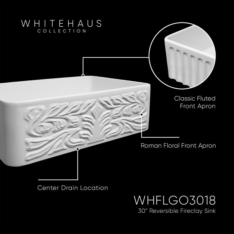 Whitehaus WHFLGO3018-WHITE 30-3/8" Reversible Fireclay Front Apron Kitchen Sink - White