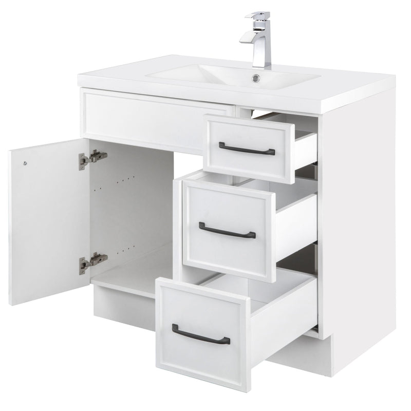 Cutler MANWHT36RHT Manhattan 36" Single Sink Free Standing Cultured Marble Top Bathroom Vanity - White