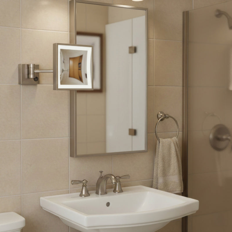 Whitehaus WHMR25-BN Square Wall Mount LED 5X Magnifying Mirror - Brushed Nickel