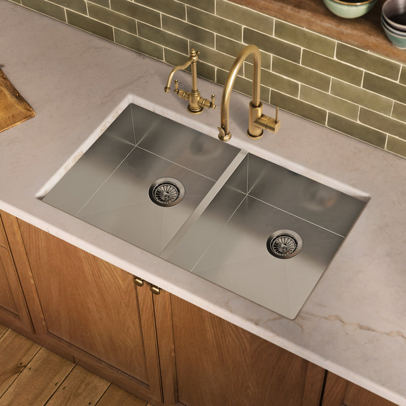 Whitehaus WHNCM3720EQ Noah's 37" Commercial Double Bowl 16 Gauge Undermount Kitchen Sink - Brushed Stainless Steel