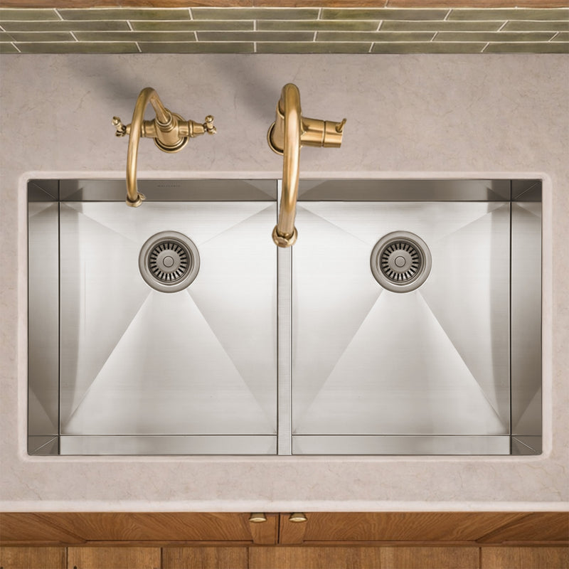 Whitehaus WHNCM3720EQ Noah's 37" Commercial Double Bowl 16 Gauge Undermount Kitchen Sink - Brushed Stainless Steel