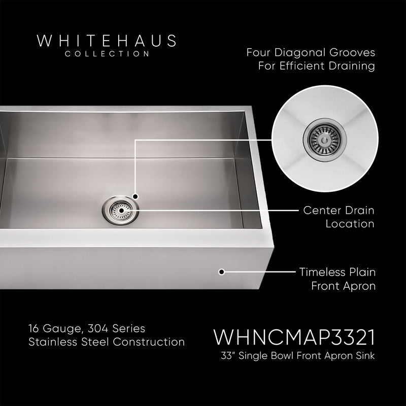 Whitehaus WHNCMAP3321 Noah's 33" Commercial Single Bowl 16 Gauge Front Apron Kitchen Sink - Brushed Stainless Steel