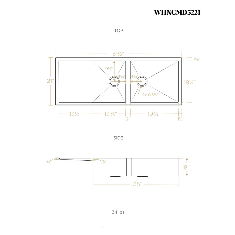 Whitehaus WHNCMD5221 Noah's 51-1/2" Reversible Commercial Double Bowl 16 Gauge Undermount Kitchen Sink - Brushed Stainless Steel