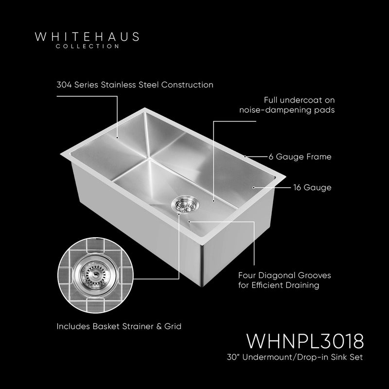 Whitehaus WHNPL3018-BSS Noah Plus 30" Single Bowl 16 Gauge Dual-Mount Kitchen Sink Set - Brushed Stainless Steel