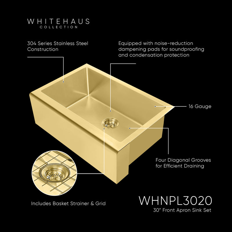 Whitehaus WHNPL3020-B Noah Plus 30" Single Bowl 16 Gauge Undermount Front Apron Kitchen Sink Set - Brass