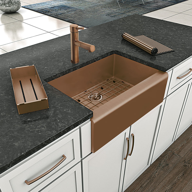 Whitehaus WHNPL3020-CO Noah Plus 30" Single Bowl 16 Gauge Undermount Front Apron Kitchen Sink Set - Copper