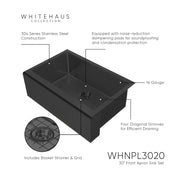 Whitehaus WHNPL3020-MBLK Noah Plus 30" Single Bowl 16 Gauge Undermount Front Apron Kitchen Sink Set - Matte Black